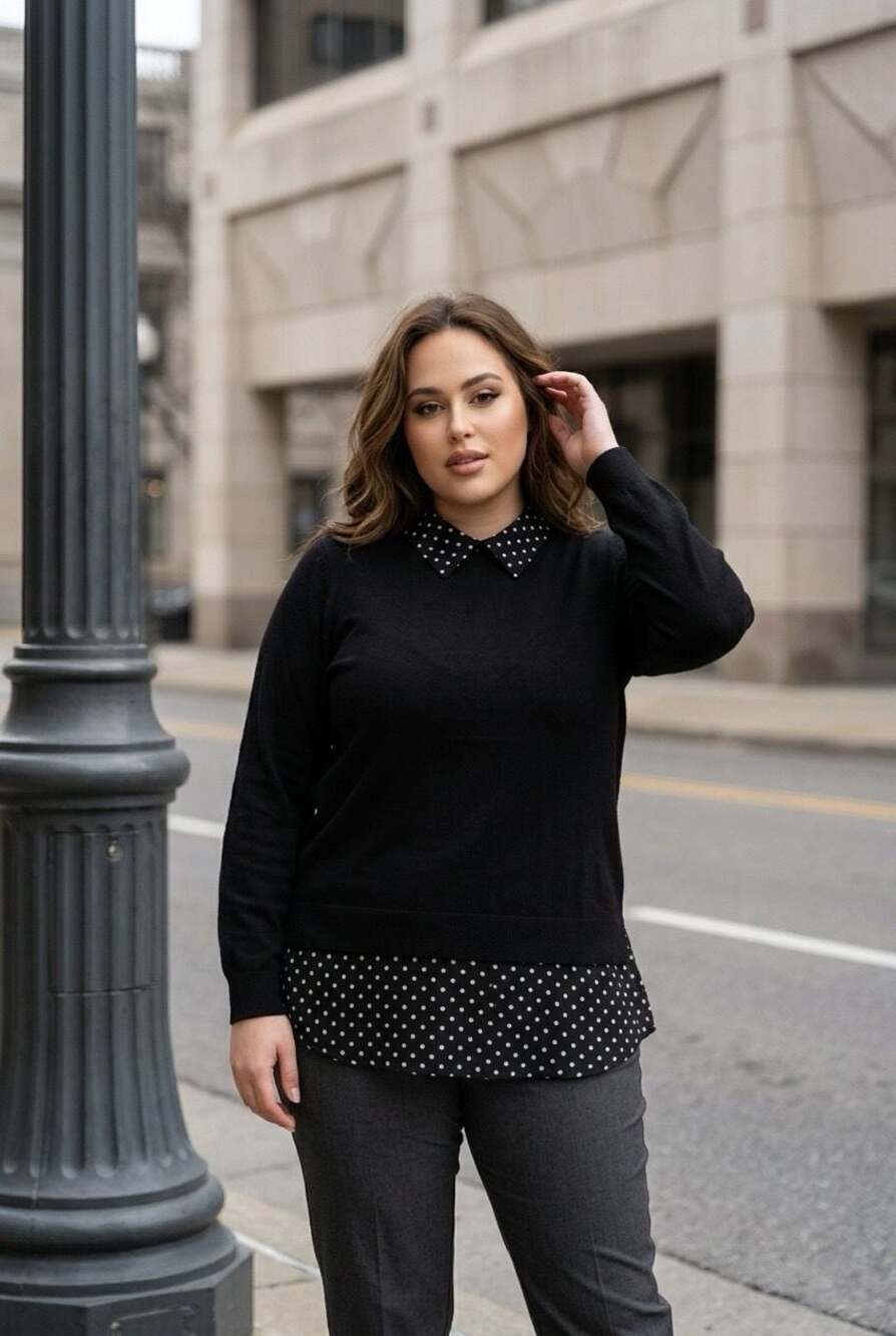 Adrianna Papell 2-in-1 Polka Dot Layered Sweater Size 1X